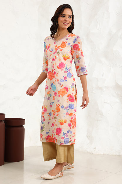 Cream Digital Foil Floral Printed Sequined Kota Straight Kurta - wforwoman