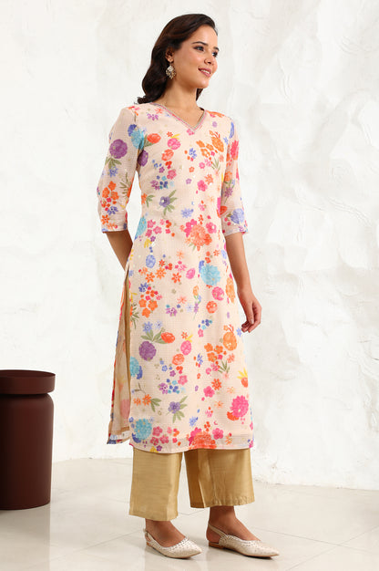 Cream Digital Foil Floral Printed Sequined Kota Straight Kurta - wforwoman
