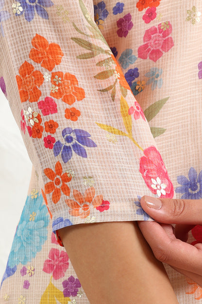 Cream Digital Foil Floral Printed Sequined Kota Straight Kurta - wforwoman