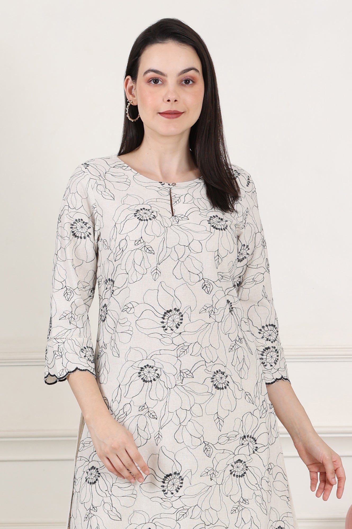 Beige Thread Work Linen Straight Kurta With Scalloped Hemline - wforwoman