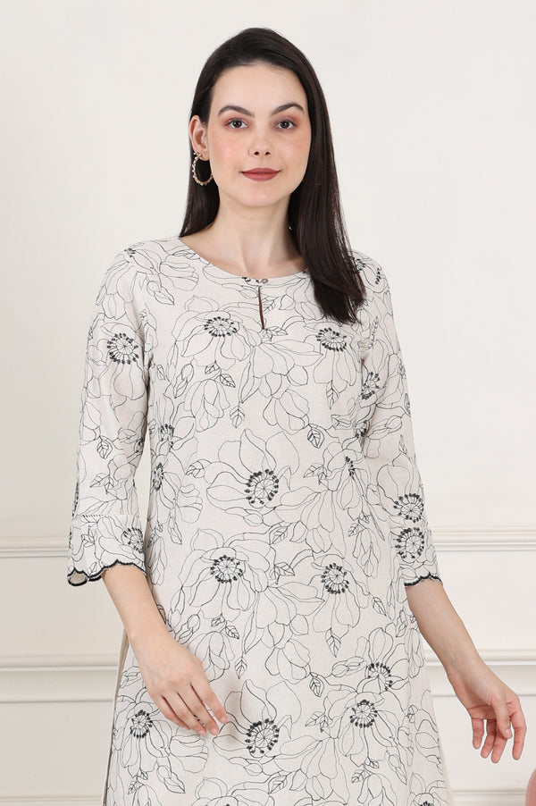 Beige Thread Work Linen Straight Kurta With Scalloped Hemline