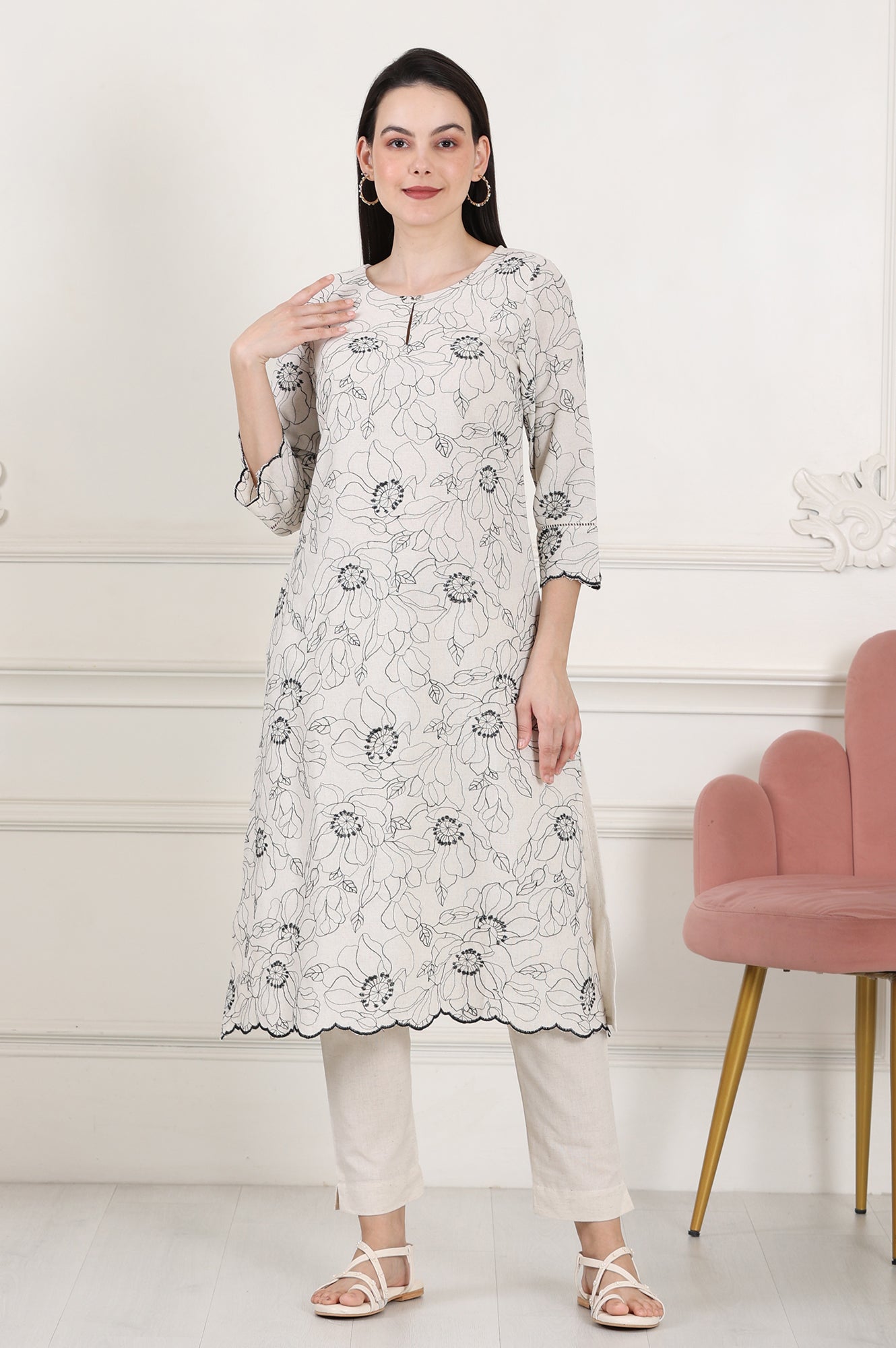 Beige Thread Work Linen Straight Kurta With Scalloped Hemline - wforwoman