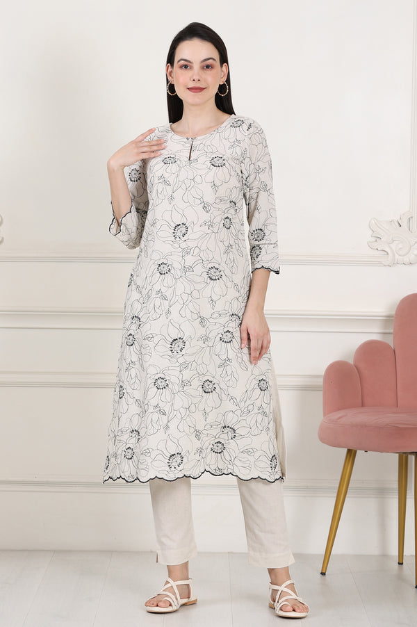Beige Thread Work Linen Straight Kurta With Scalloped Hemline