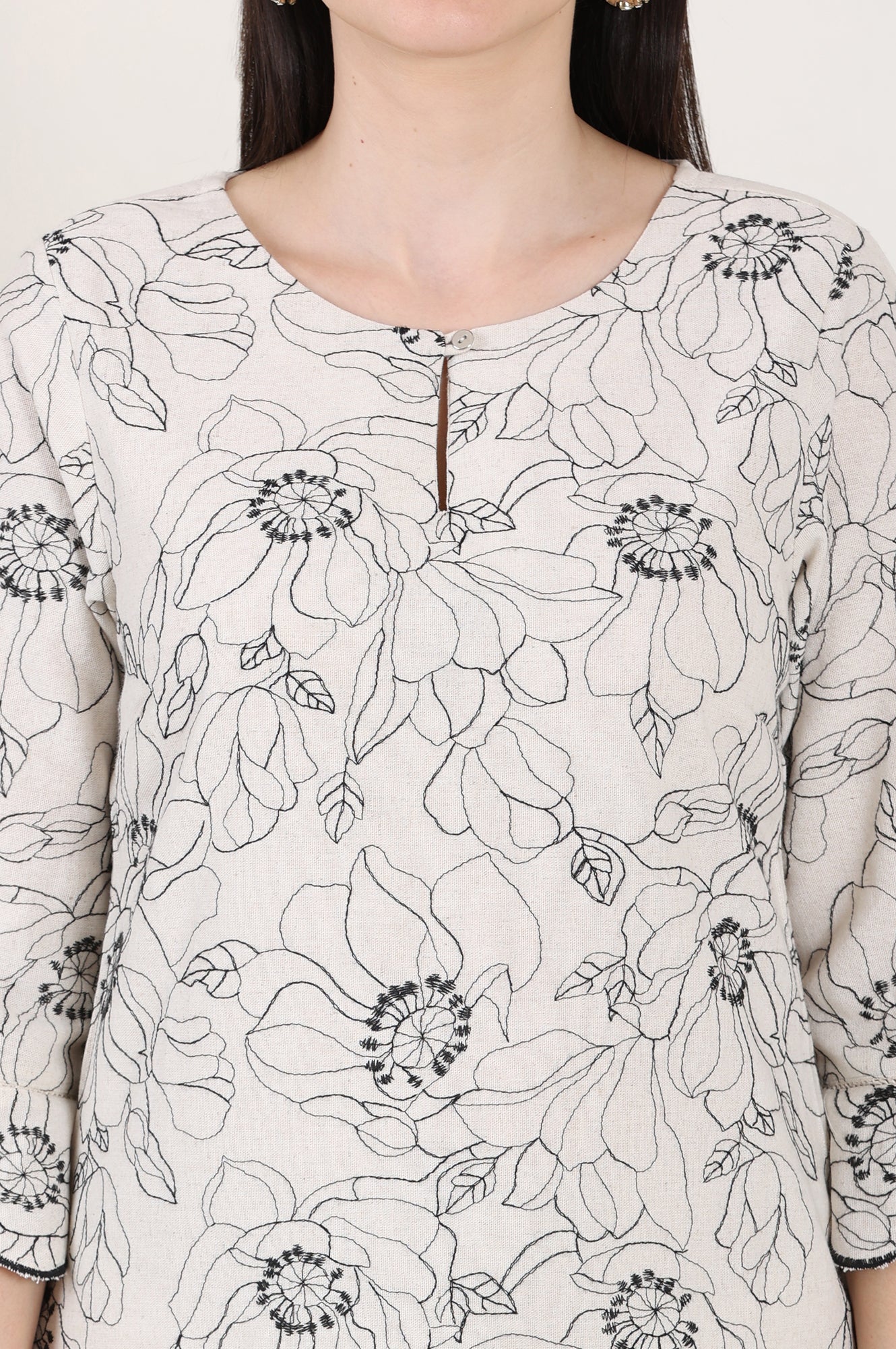 Beige Thread Work Linen Straight Kurta With Scalloped Hemline - wforwoman