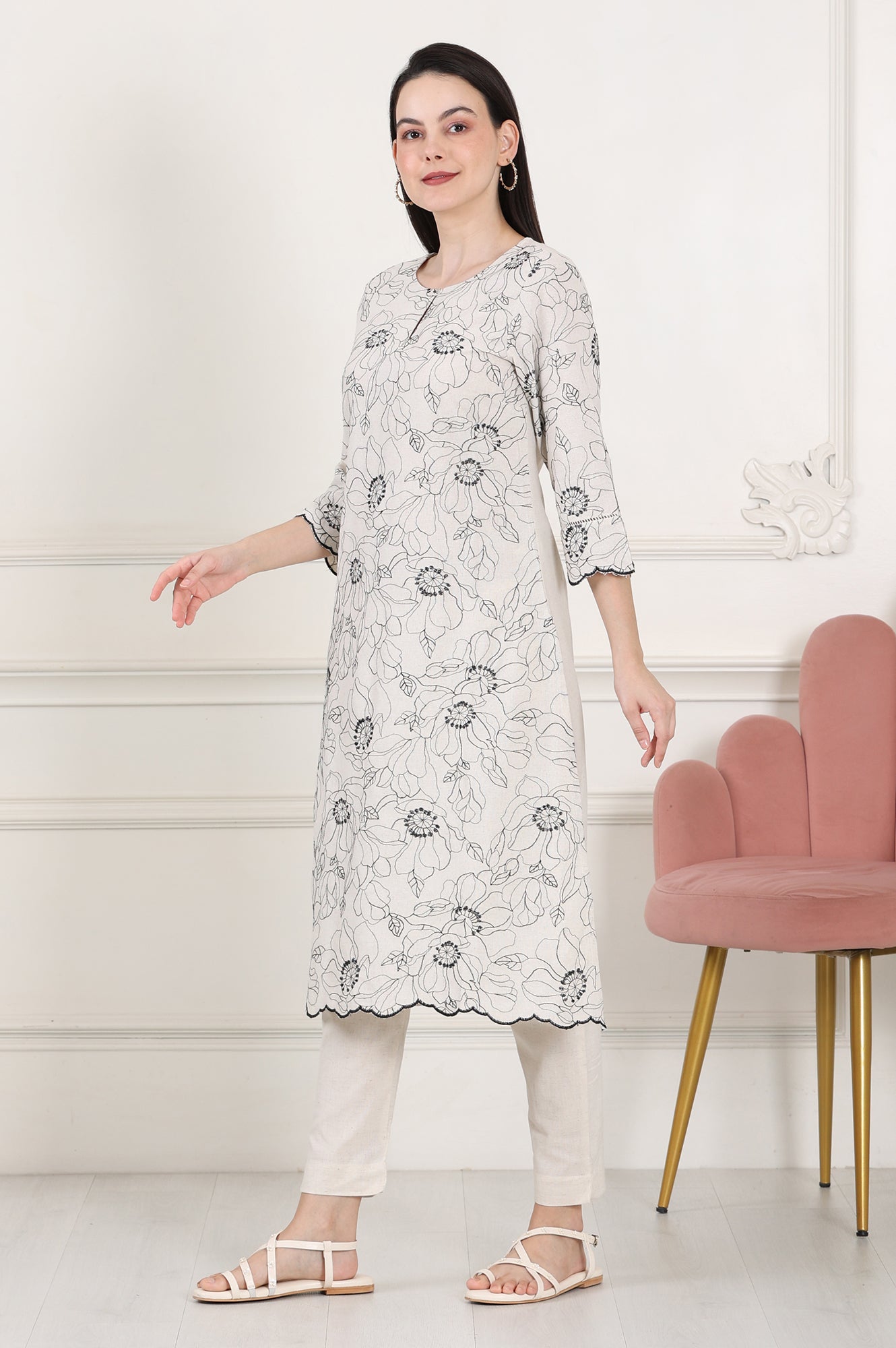 Beige Thread Work Linen Straight Kurta With Scalloped Hemline - wforwoman