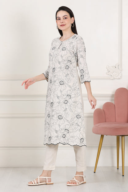 Beige Thread Work Linen Straight Kurta With Scalloped Hemline - wforwoman