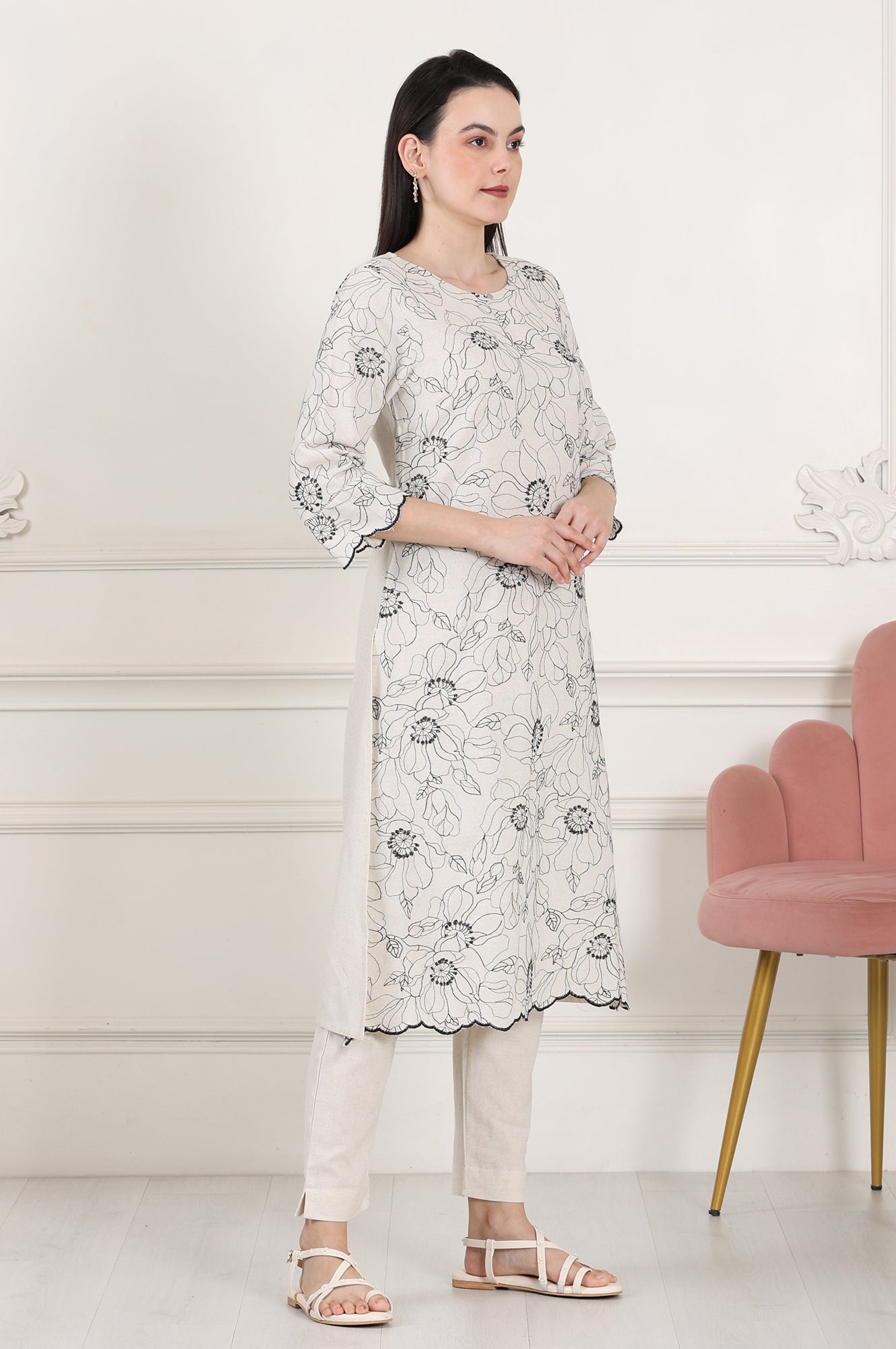 Beige Thread Work Linen Straight Kurta With Scalloped Hemline - wforwoman