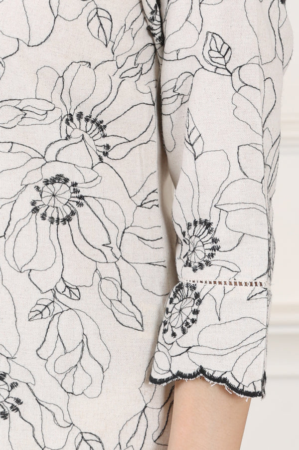 Beige Thread Work Linen Straight Kurta With Scalloped Hemline