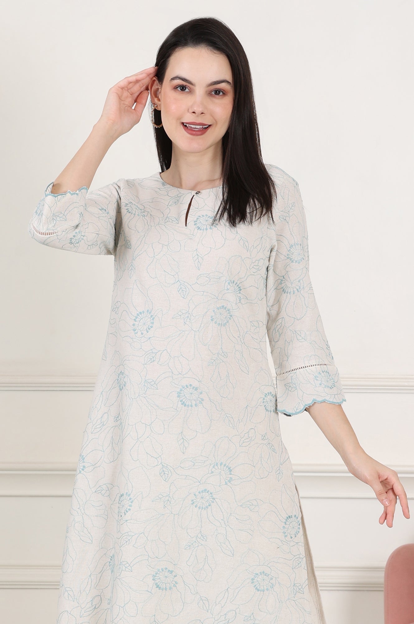 Beige Thread Work Linen Straight Kurta With Scalloped Hemline - wforwoman