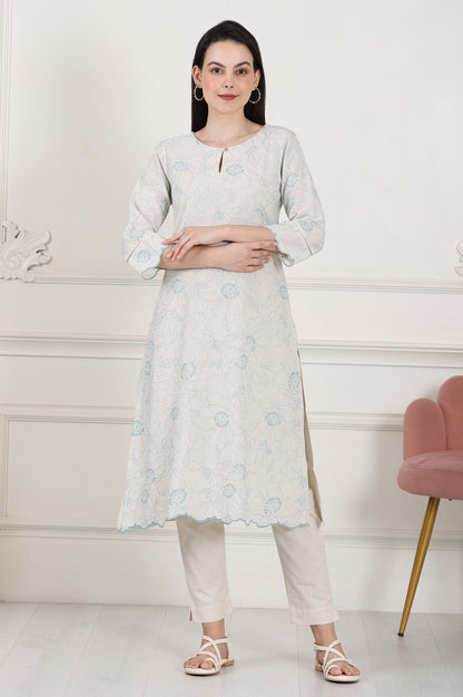 Beige Thread Work Linen Straight Kurta With Scalloped Hemline - wforwoman