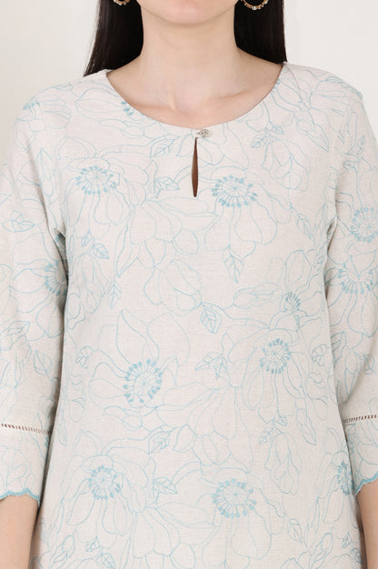 Beige Thread Work Linen Straight Kurta With Scalloped Hemline - wforwoman