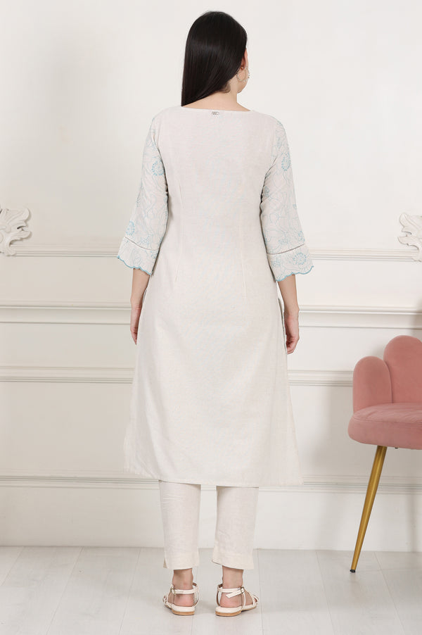 Beige Thread Work Linen Straight Kurta With Scalloped Hemline