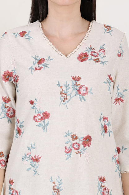 Beige Linen Straight Kurta With Multi-Coloured Thread Work - wforwoman