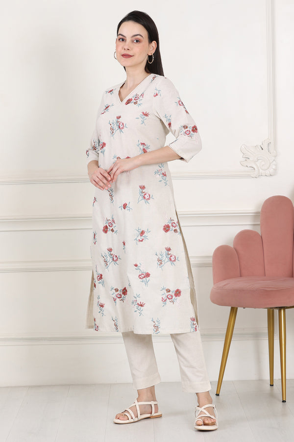 Beige Linen Straight Kurta With Multi-Coloured Thread Work