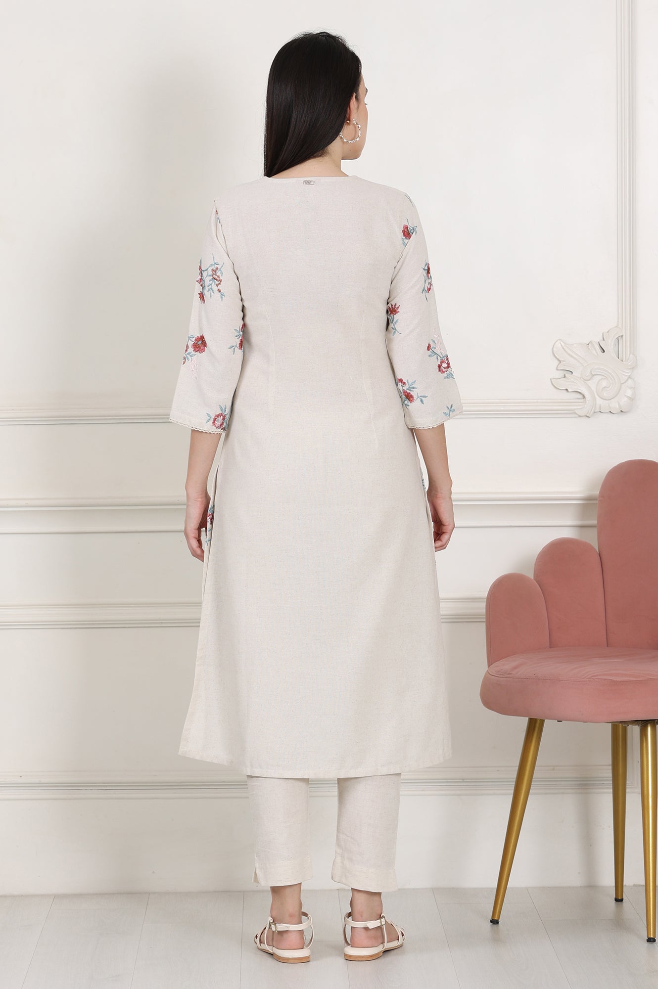 Beige Linen Straight Kurta With Multi-Coloured Thread Work - wforwoman