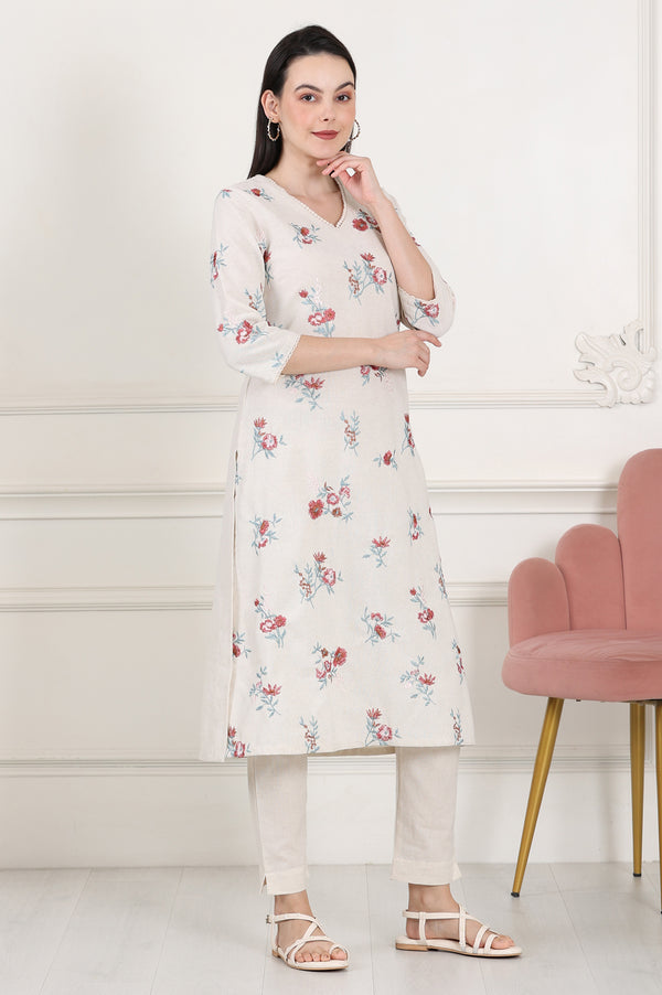 Beige Linen Straight Kurta With Multi-Coloured Thread Work