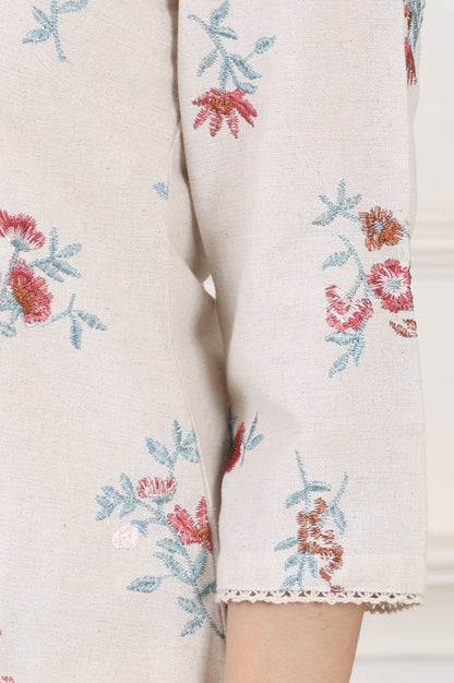 Beige Linen Straight Kurta With Multi-Coloured Thread Work - wforwoman