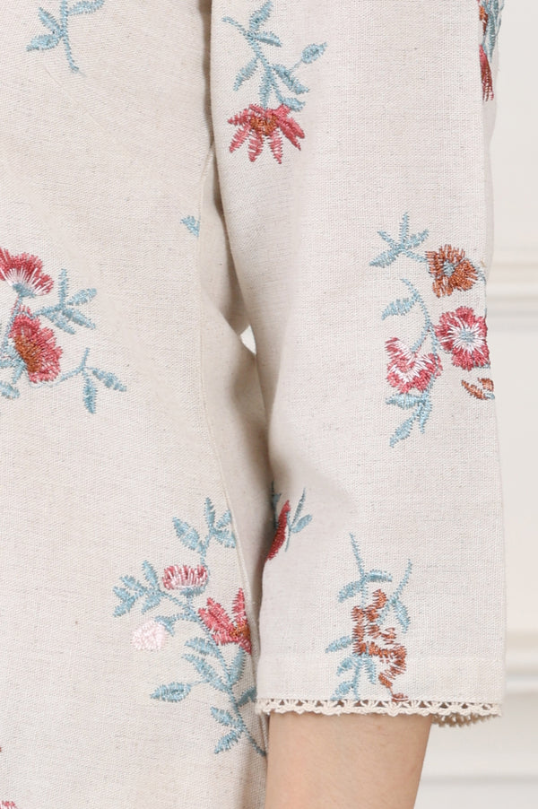 Beige Linen Straight Kurta With Multi-Coloured Thread Work