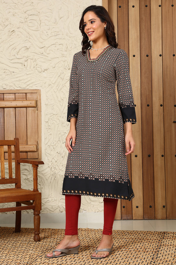 Black Geometric Printed Rayon A-Line Kurta With Metallic Embroidery On Neck