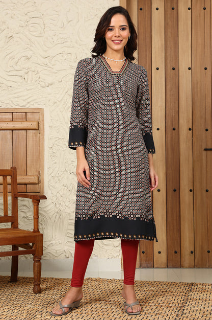 Black Geometric Printed Rayon A-Line Kurta With Metallic Embroidery On Neck - wforwoman