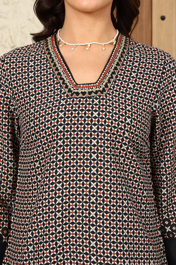 Black Geometric Printed Rayon A-Line Kurta With Metallic Embroidery On Neck