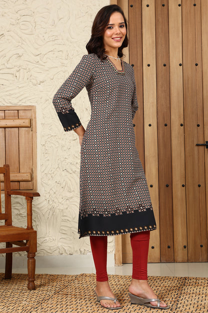 Black Geometric Printed Rayon A-Line Kurta With Metallic Embroidery On Neck - wforwoman