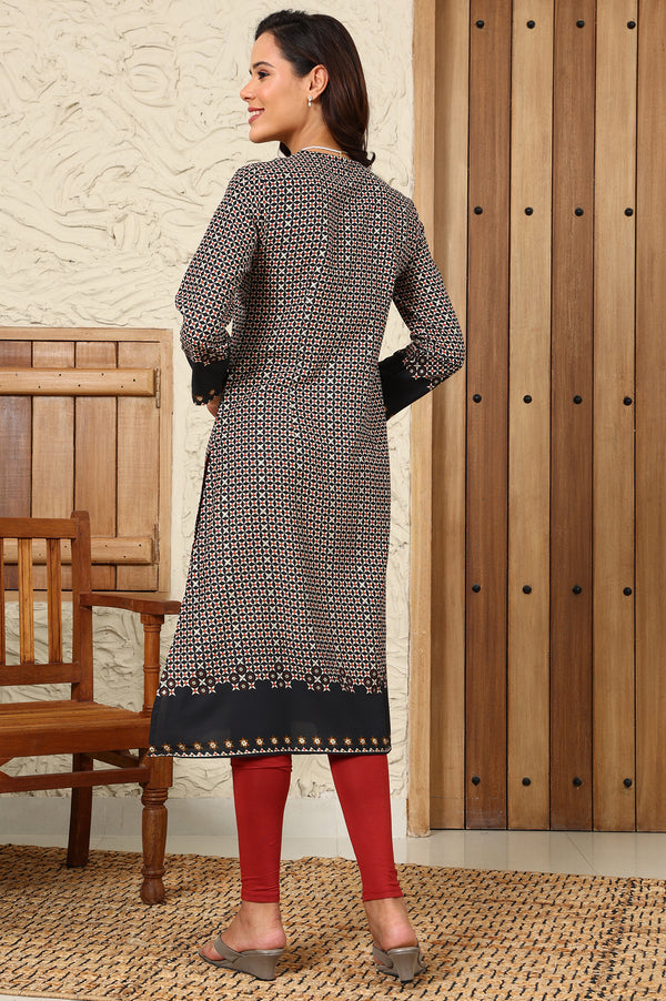 Black Geometric Printed Rayon A-Line Kurta With Metallic Embroidery On Neck