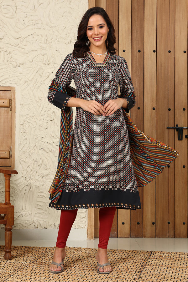 Black Geometric Printed Rayon A-Line Kurta With Metallic Embroidery On Neck