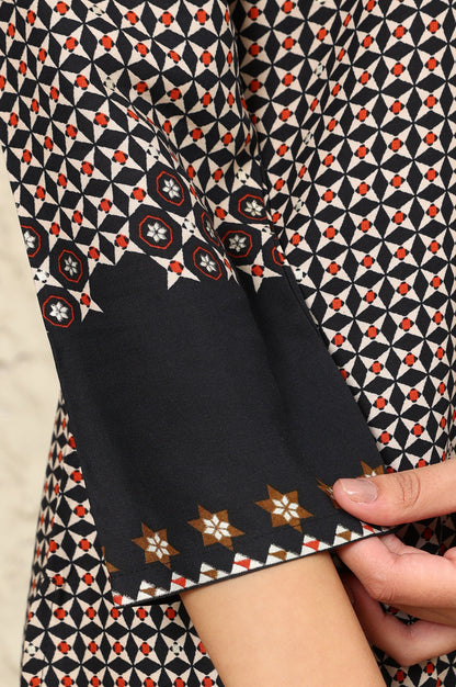 Black Geometric Printed Rayon A-Line Kurta With Metallic Embroidery On Neck - wforwoman