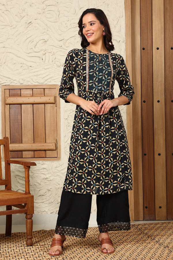 Black Geometric Printed Rayon Crepe A-Line Kurta With Metallic Embroidery On Yoke