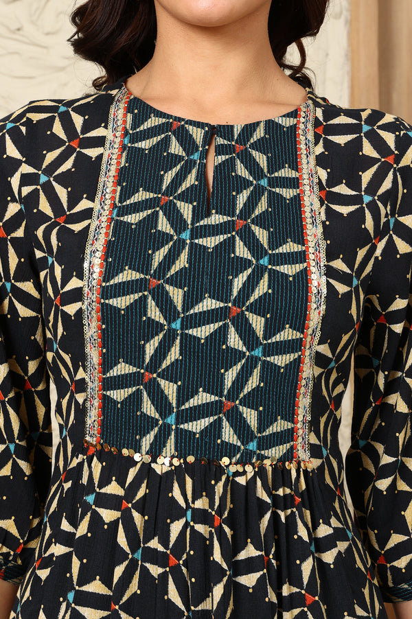 Black Geometric Printed Rayon Crepe A-Line Kurta With Metallic Embroidery On Yoke