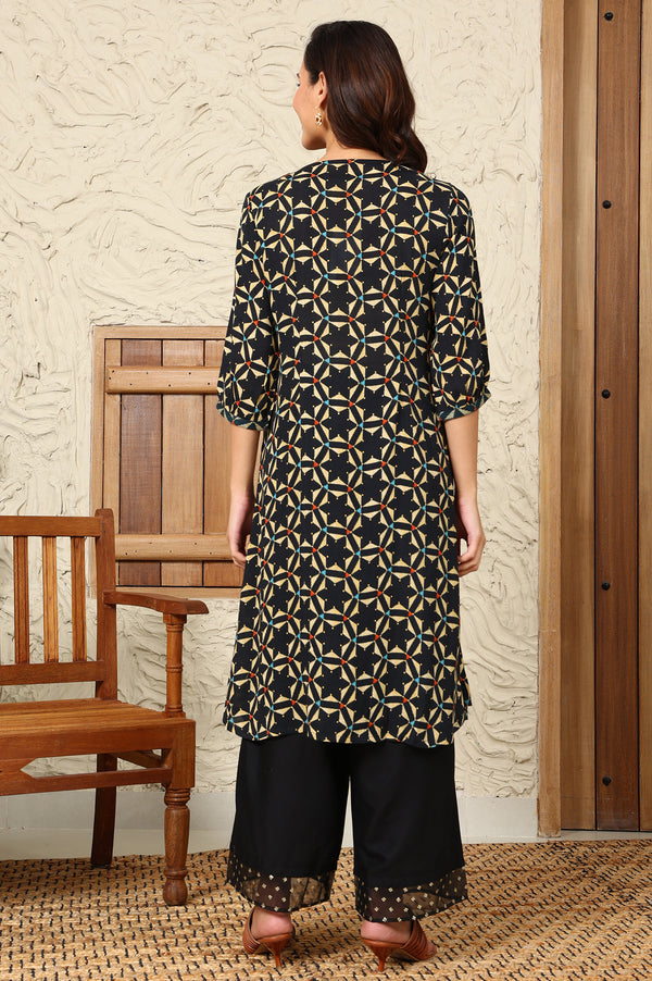 Black Geometric Printed Rayon Crepe A-Line Kurta With Metallic Embroidery On Yoke