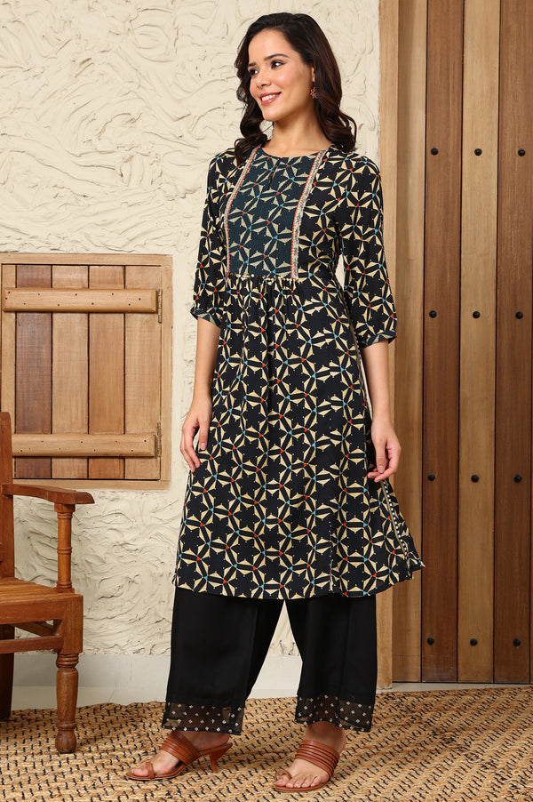 Black Geometric Printed Rayon Crepe A-Line Kurta With Metallic Embroidery On Yoke