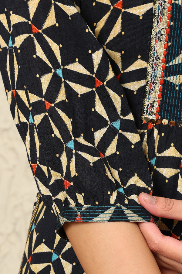 Black Geometric Printed Rayon Crepe A-Line Kurta With Metallic Embroidery On Yoke