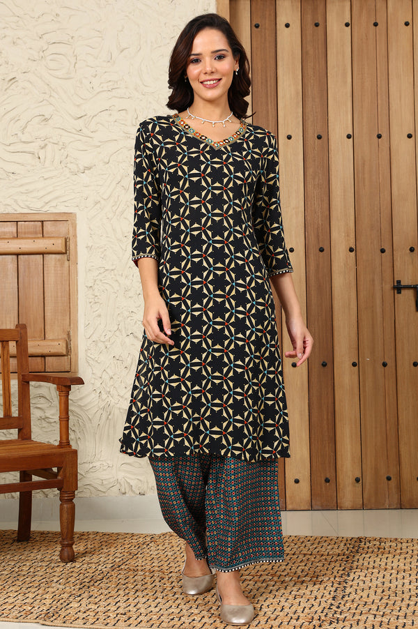 Black Geometric Printed V-Neck Rayon Crepe Kurta With Sequin Detailing