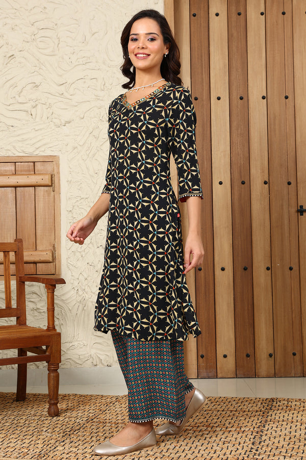 Black Geometric Printed V-Neck Rayon Crepe Kurta With Sequin Detailing