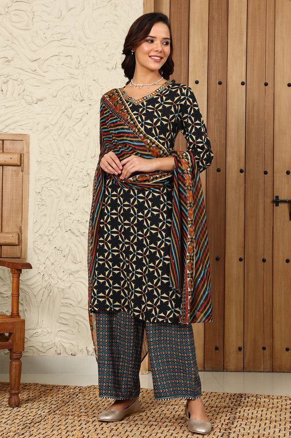 Black Geometric Printed V-Neck Rayon Crepe Kurta With Sequin Detailing