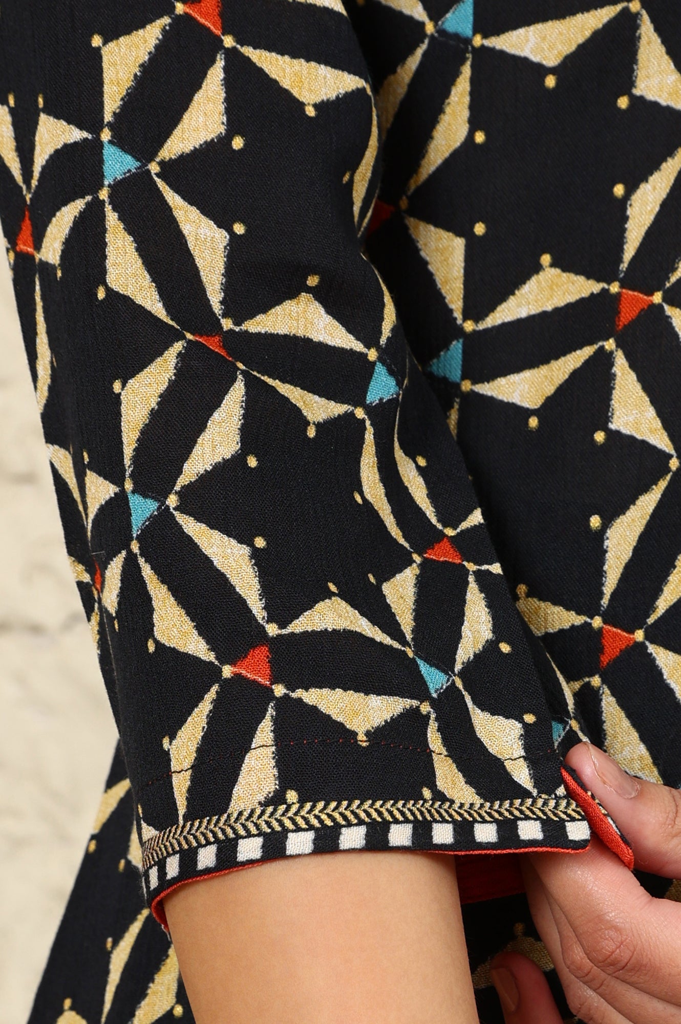 Black Geometric Printed V-Neck Rayon Crepe Kurta With Sequin Detailing