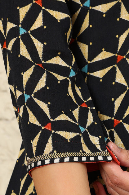 Black Geometric Printed V-Neck Rayon Crepe Kurta With Sequin Detailing