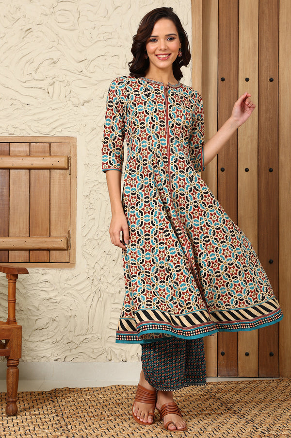 Multi-Coloured Geometric Printed Pure Cotton Flared Kurta With Metallic Embroidered Neckline