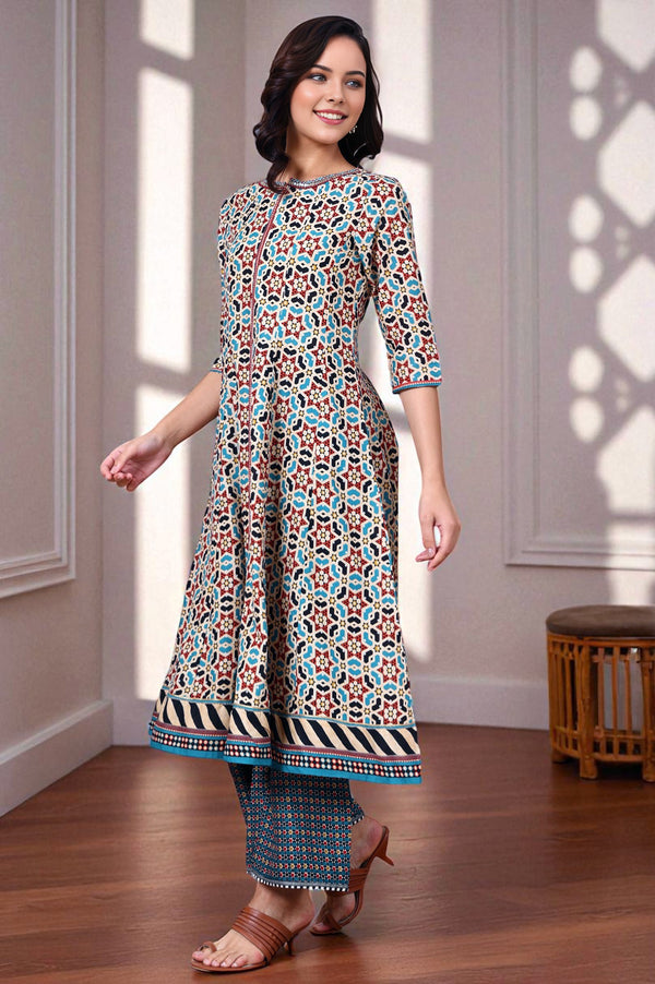 Multi-Coloured Geometric Printed Pure Cotton Flared Kurta With Metallic Embroidered Neckline