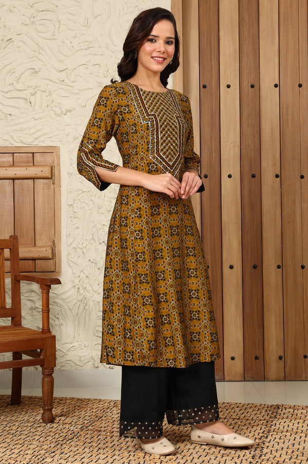 Mustard Yellow Geometric Printed Sequined Straight Kurta