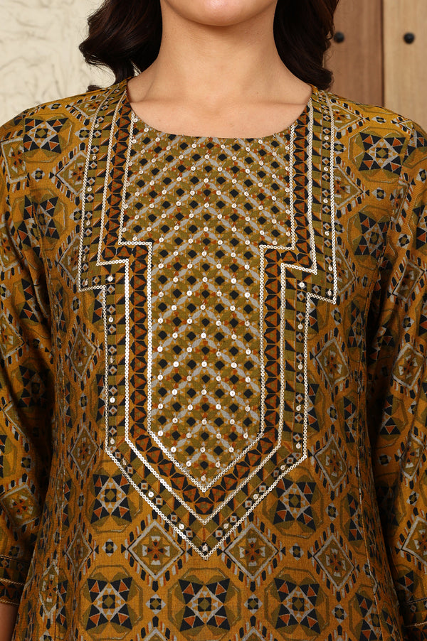 Mustard Yellow Geometric Printed Sequined Straight Kurta