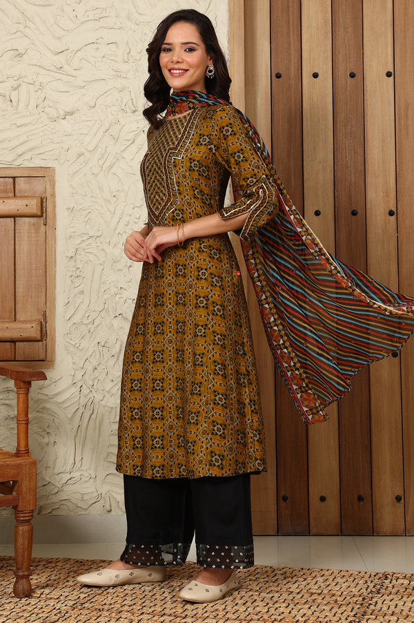 Mustard Yellow Geometric Printed Sequined Straight Kurta