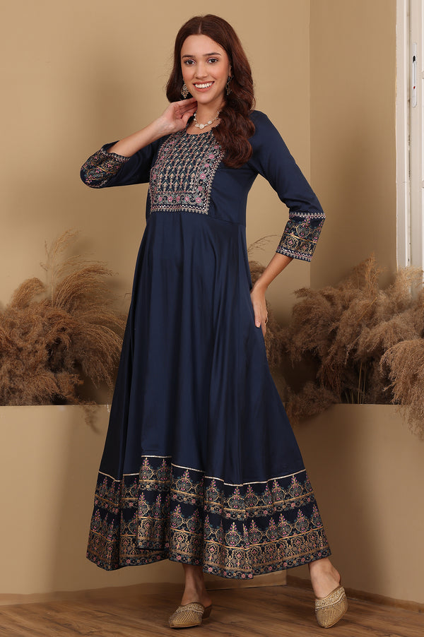 Navy Blue Embroidered Anarkali Dress
