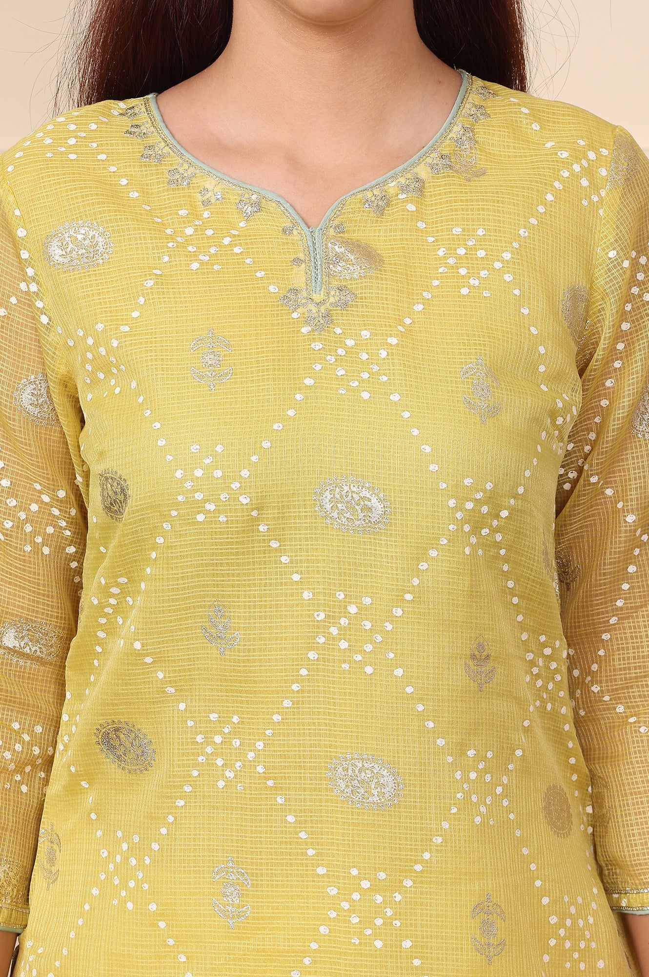 Yellow Geometric Foil Printed Zari Embroidered Straight Kota Doriya Kurta