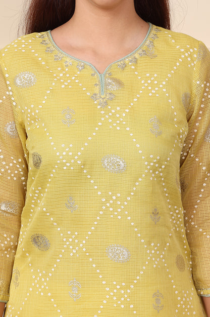 Yellow Geometric Foil Printed Zari Embroidered Straight Kota Doriya Kurta