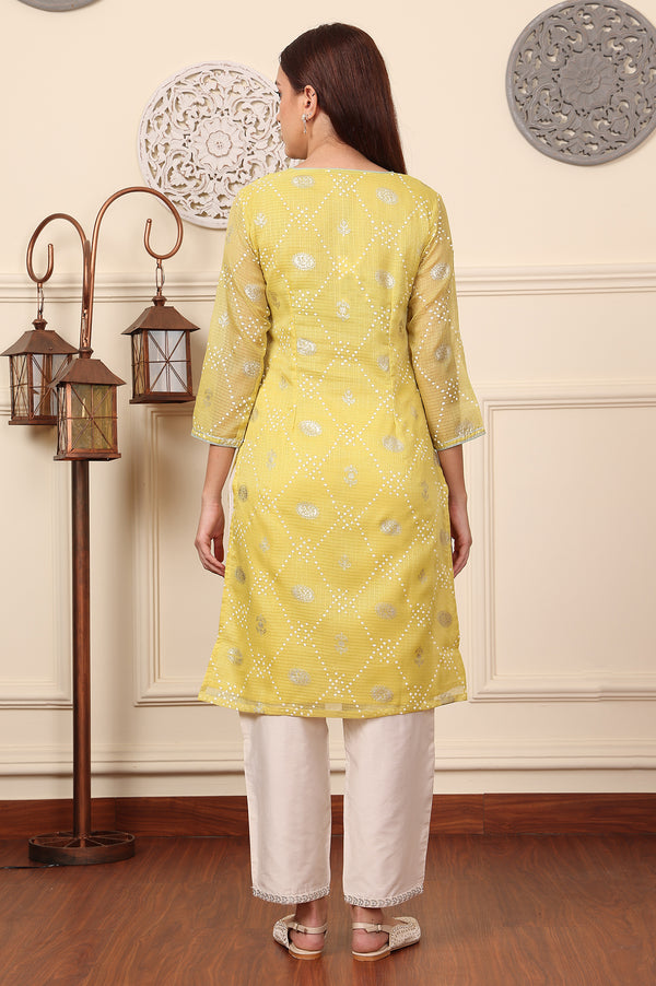 Yellow Foil Printed Kota Doriya Kurta With Zari Embroidered Neck