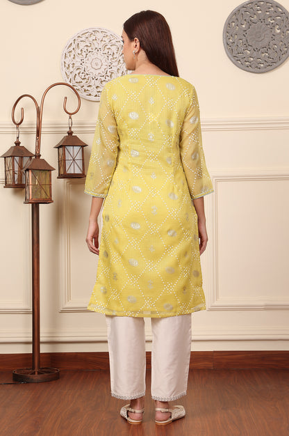 Yellow Geometric Foil Printed Zari Embroidered Straight Kota Doriya Kurta