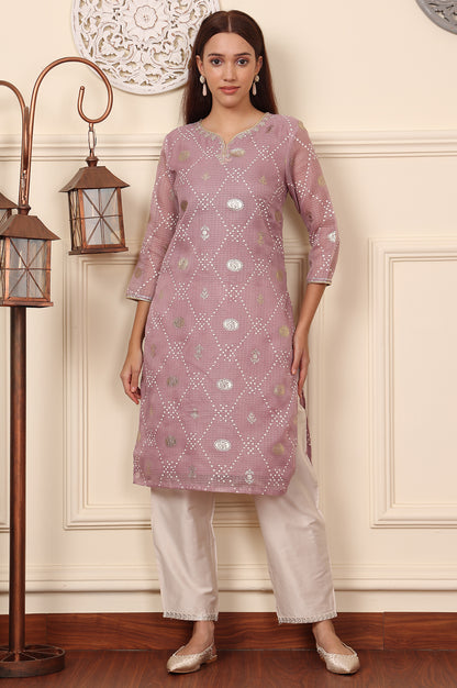 Purple Geometric Foil Printed Zari Embroidered Straight Kota Doriya Kurta